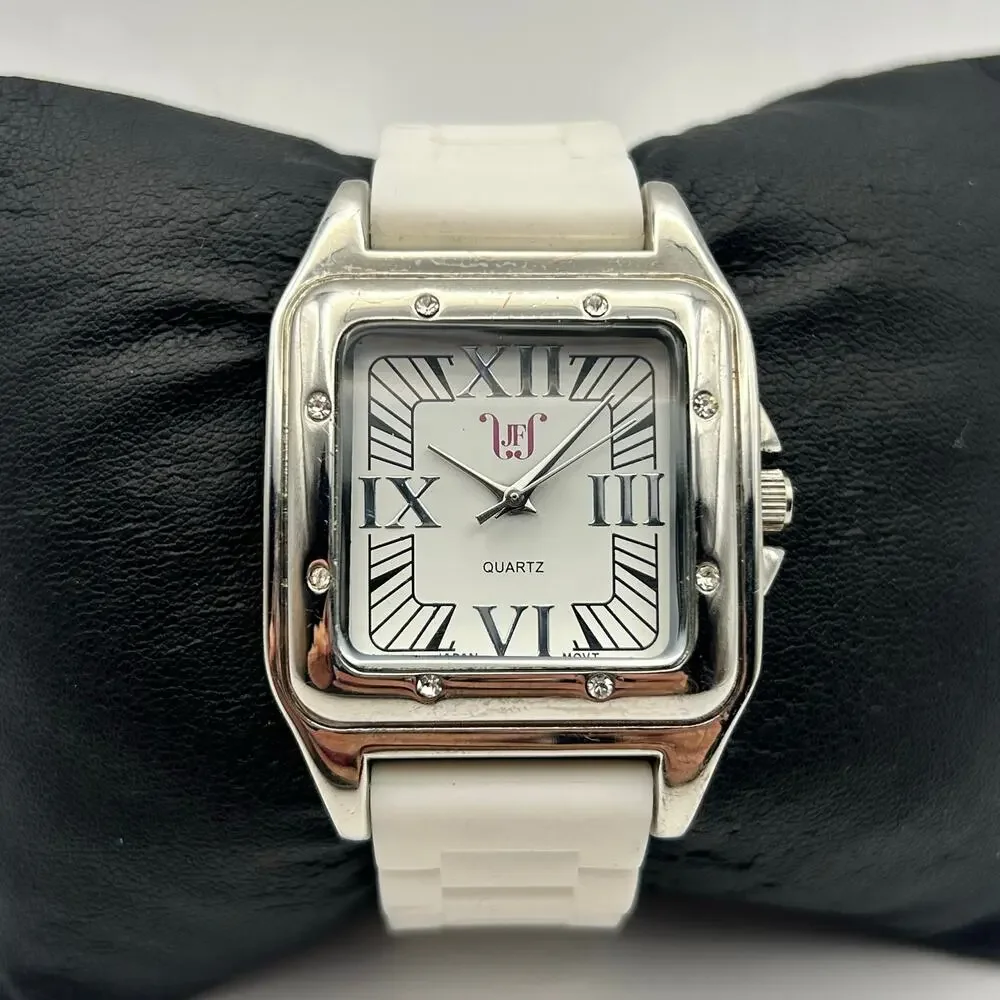 JustFab Encore Women’s Silver Case White Silicone Band Watch New Battery